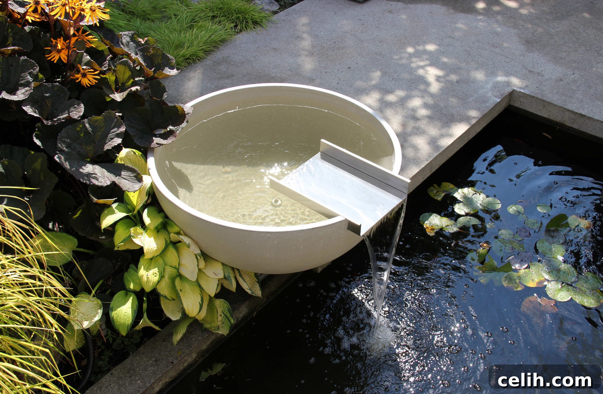 Pond Edging Ideas: Rustic Charm to Polished Perfection 6 Contemporary garden pond edging in concrete with trailing plants and a modern fountain