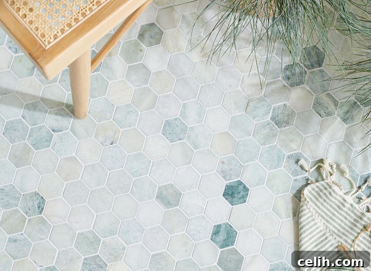 Gorgeous green mosaic floor tiles from Fired Earth 