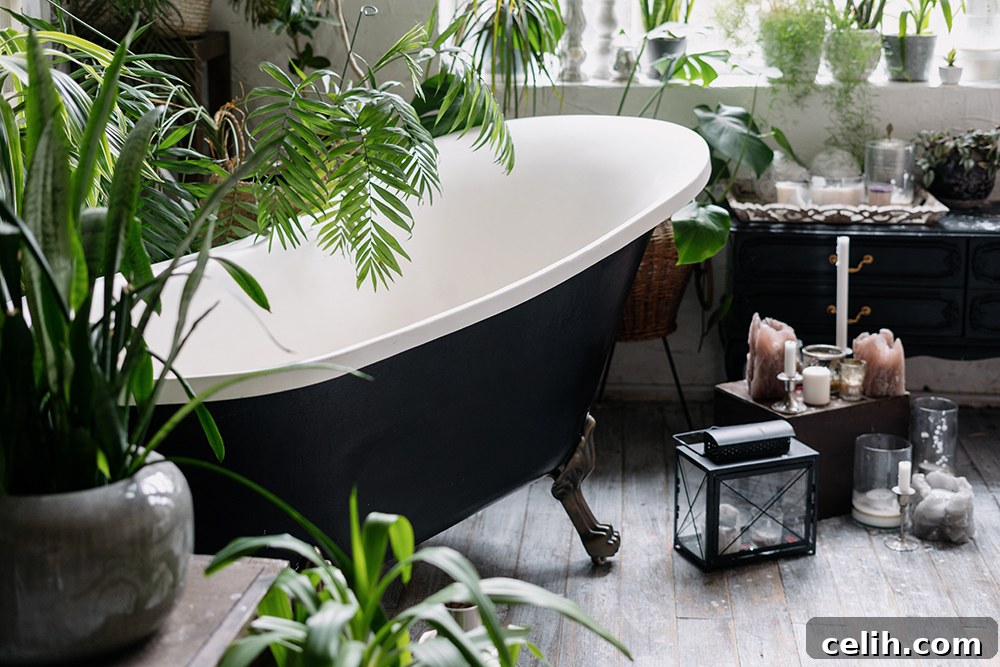Black and white bath surrounded by fresh green plants
