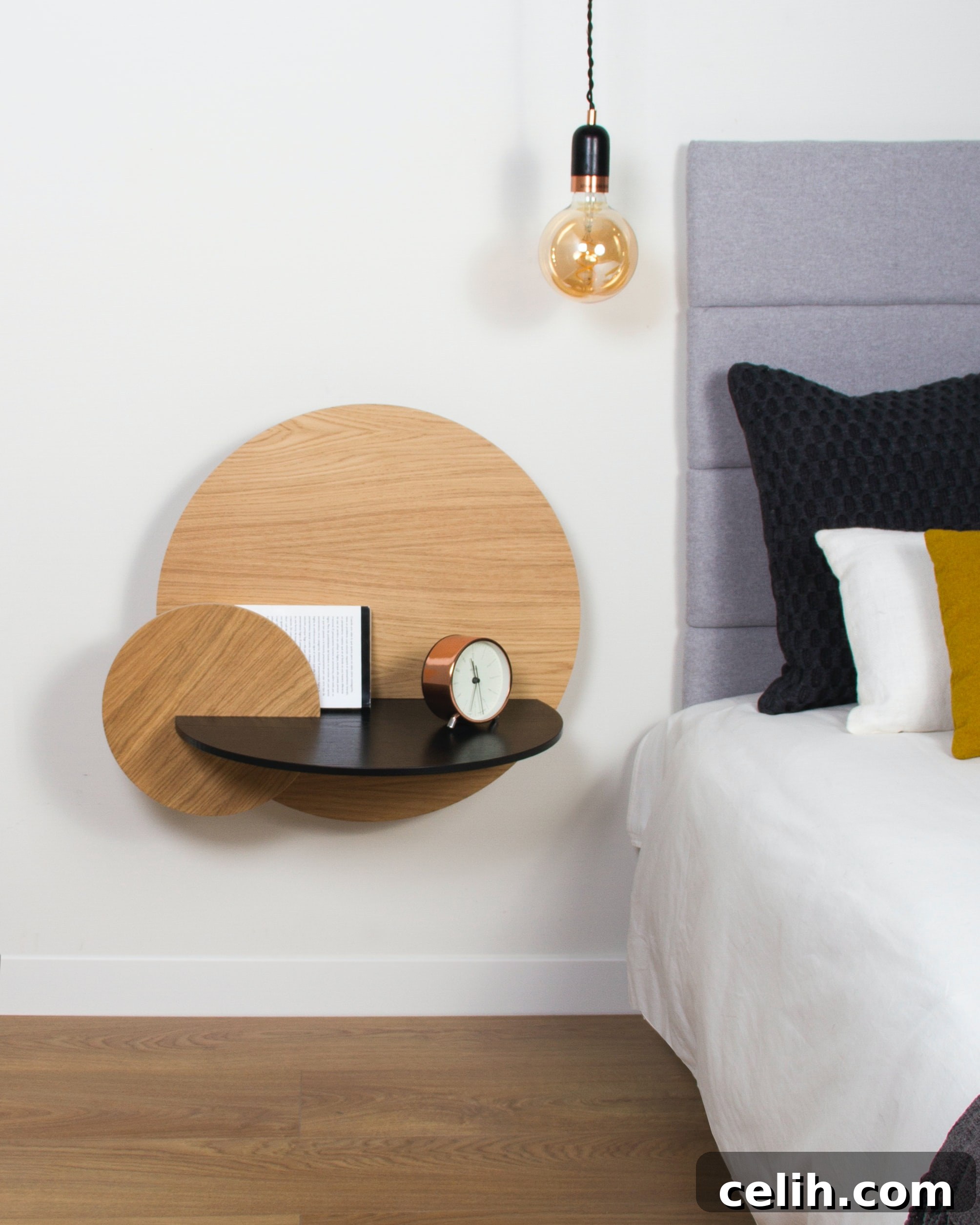 Modern interior designer bedroom shelf with unique, quirky home accessories