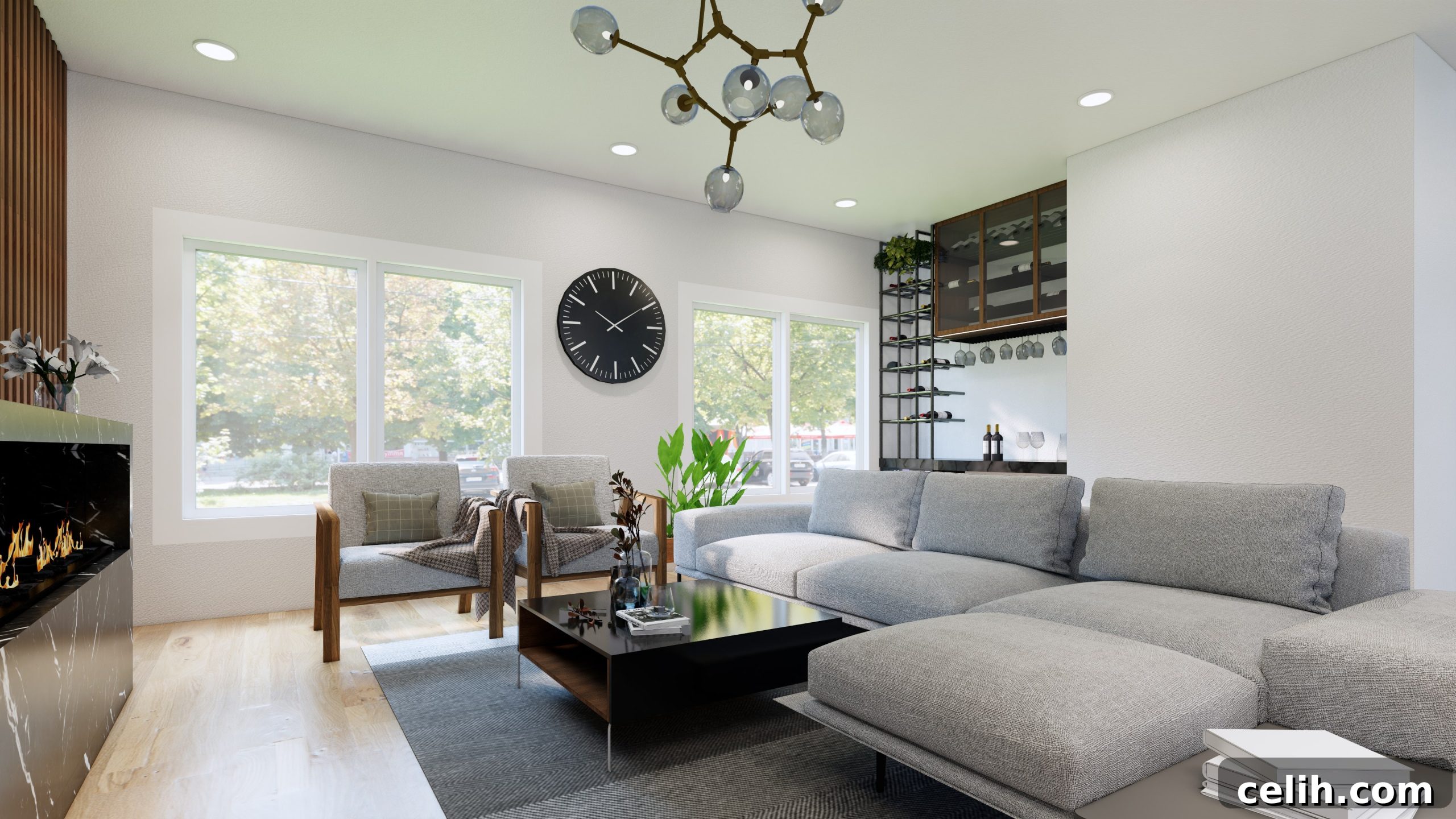 Contemporary living room interior with a grey comfy sofa