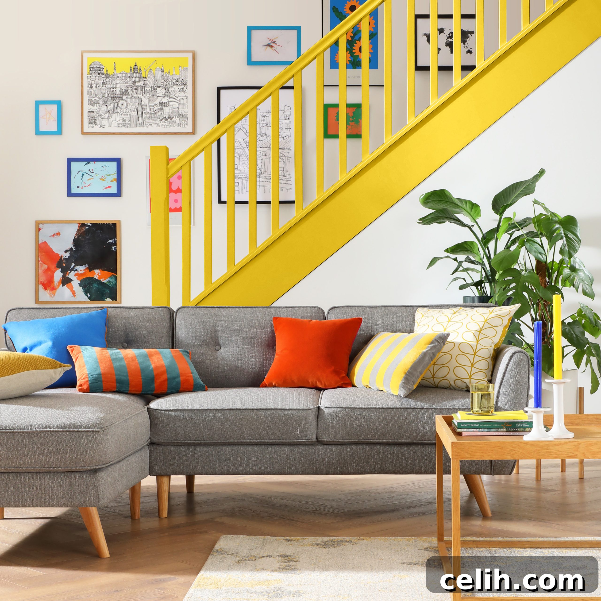 Harlow sofa from Furniture Choice with a bright yellow statement staircase