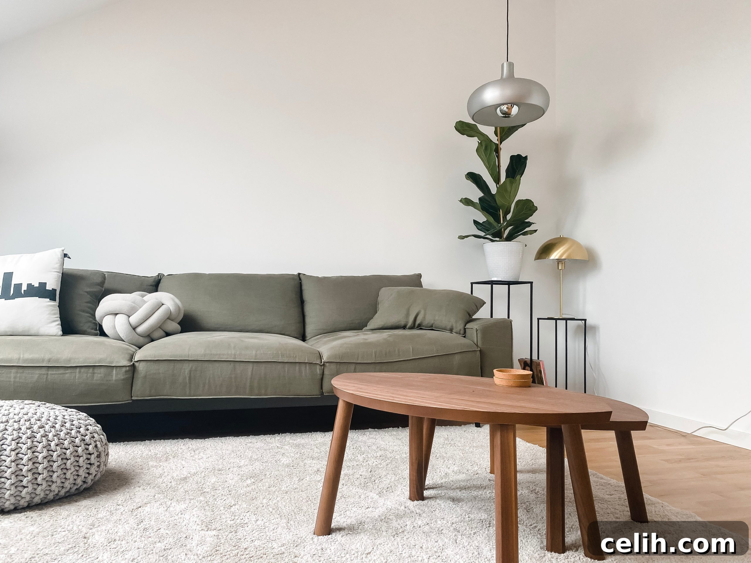 Living room interior with metallic lights and green plants