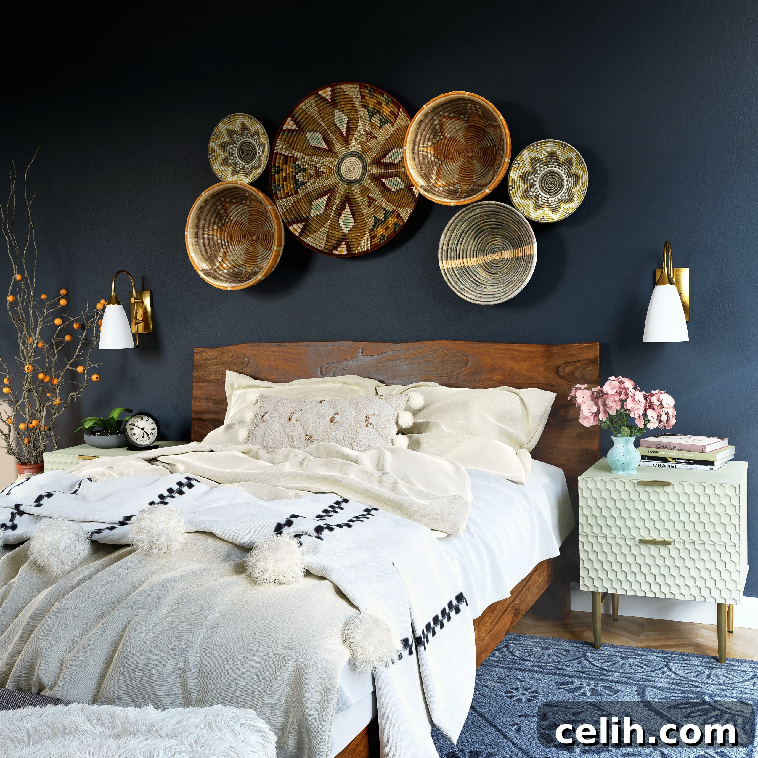 Stunning navy blue bedroom wall with eye-catching wall art