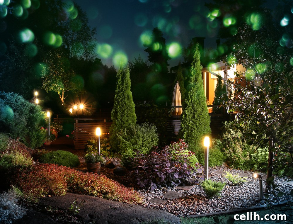 Beautifully lit up border in a night garden