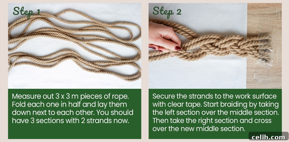 Create Your Own Charming Rope Christmas Wreath: Easy DIY Guide 3 How to make a DIY rope Christmas wreath, showing the initial braiding process of the jute rope.
