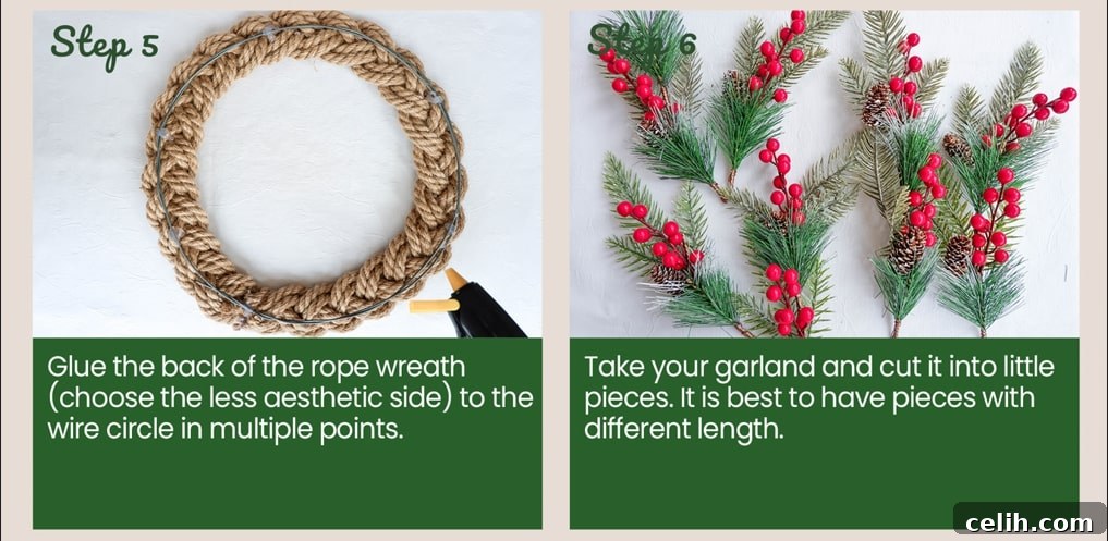 Create Your Own Charming Rope Christmas Wreath: Easy DIY Guide 5 How to make a rope Christmas wreath decoration, showing the braided rope being attached to the wire frame.