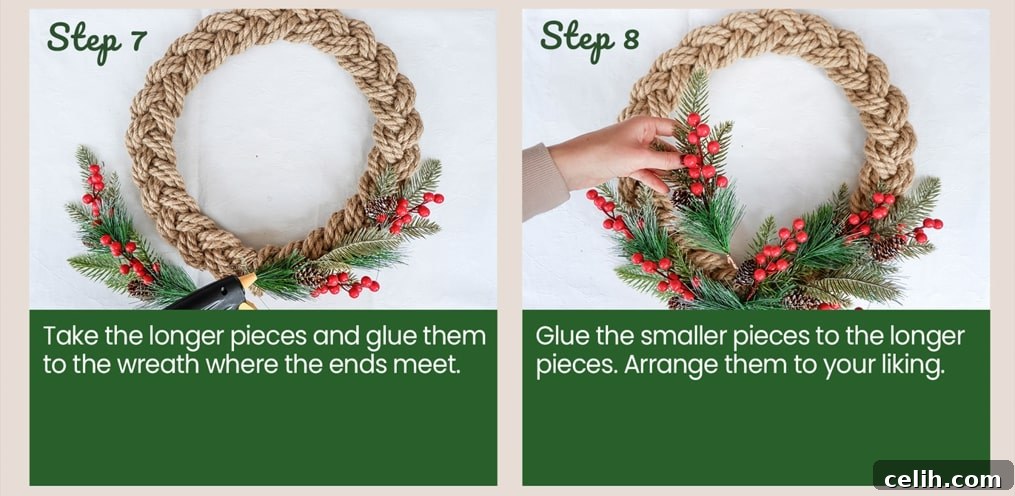Create Your Own Charming Rope Christmas Wreath: Easy DIY Guide 6 Step-by-step tutorial for making a rope Christmas wreath decoration for your home, showing initial garland attachment.