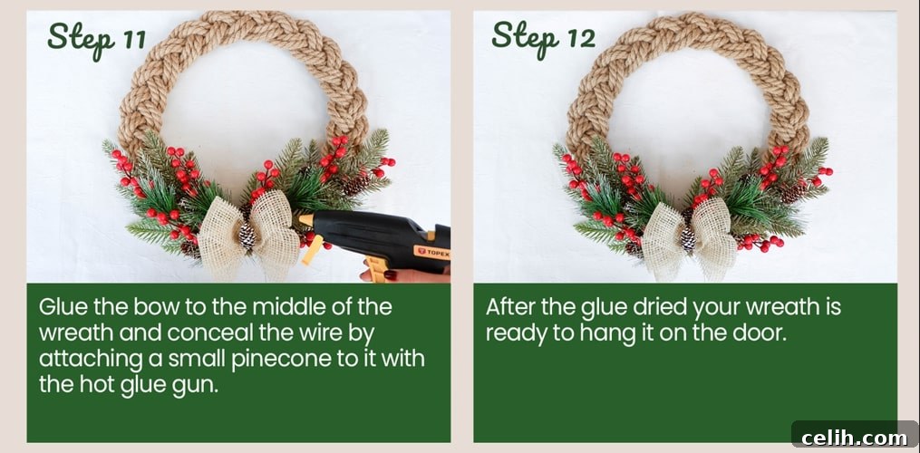 Create Your Own Charming Rope Christmas Wreath: Easy DIY Guide 8 Step-by-step tutorial for making a rope Christmas wreath decoration for your home, illustrating the burlap bow creation.