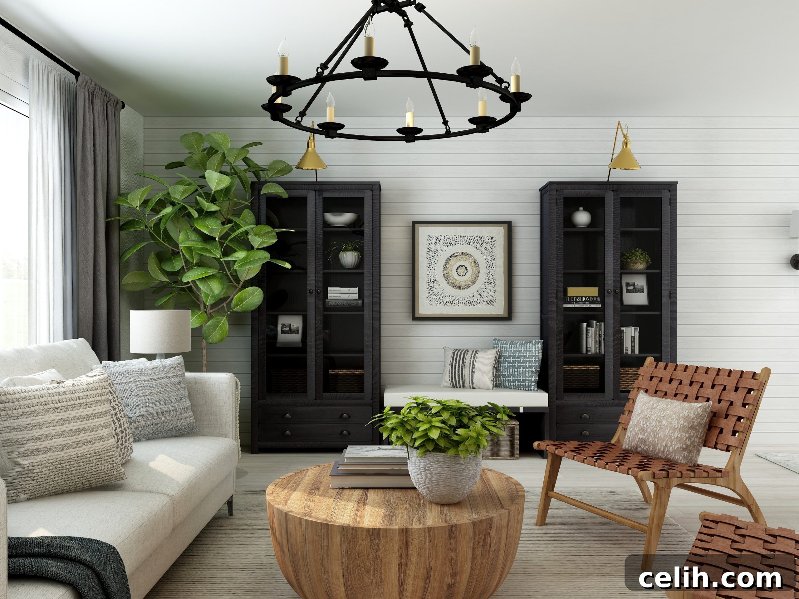 Six Savvy Steps for a Healthy Home on a Budget 3 Modern farmhouse living room interior with lush green houseplants, enhancing air quality and natural aesthetics.