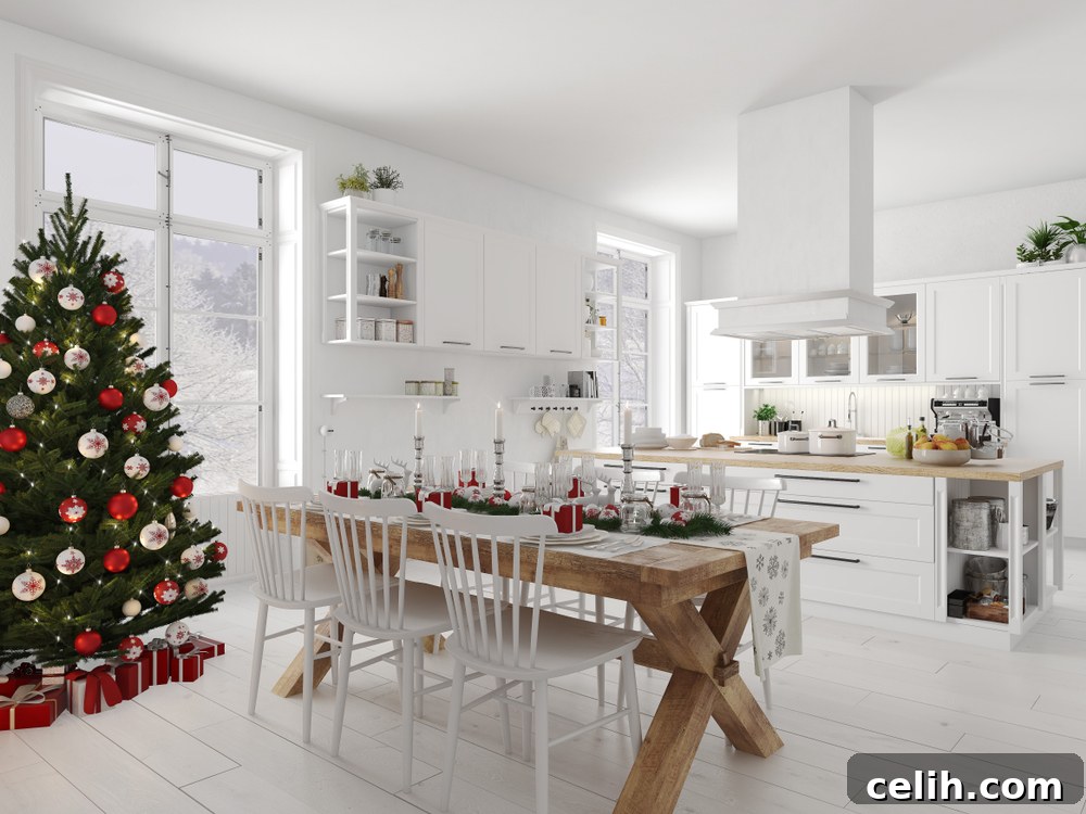 Entertain Like a Pro 5 Kitchen Hacks for Your Next Party 4 Stunning white kitchen with a gorgeous decorated Christmas tree in the corner, showing how to decorate a party kitchen