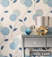 Close-up of a blue hydrangea print wallpaper, a fresh and inviting floral design perfect for spring.
