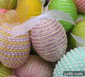 Close-up of luxury beaded Easter eggs, ideal for hanging on a decorative tree.