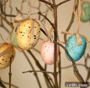 Rustic speckled duck blue Easter eggs, perfect for a traditional spring display.