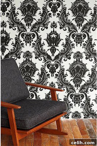 Sophisticated black damask temporary wallpaper