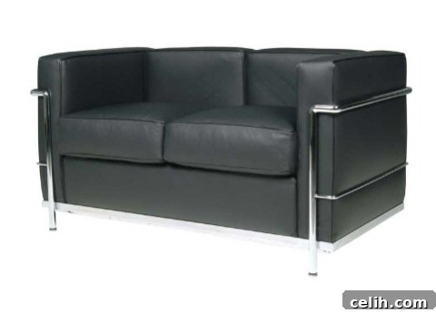 Black Leather Two-Seater Le Corbusier Style Sofa