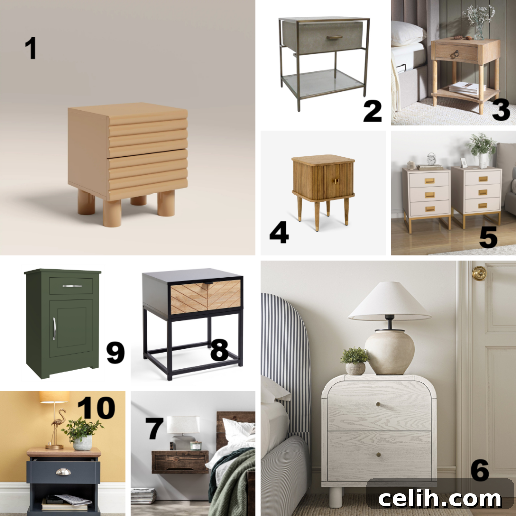 A collage of ten different modern bedside tables with varying styles and finishes.