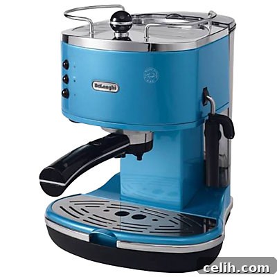 Delonghi Blue Icona Coffee Maker Vibrant blue DeLonghi Icona coffee maker on a kitchen counter