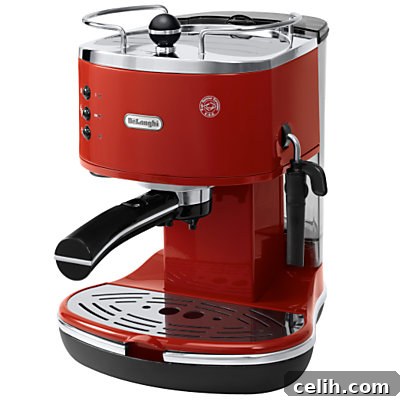 Delonghi Red Icona Coffee Maker Striking red DeLonghi Icona coffee maker in a kitchen setting