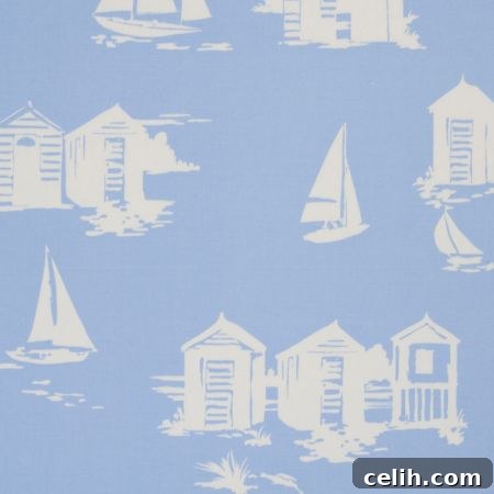 Sky Blue Beach Hut Tea Towel with White Coastal Design