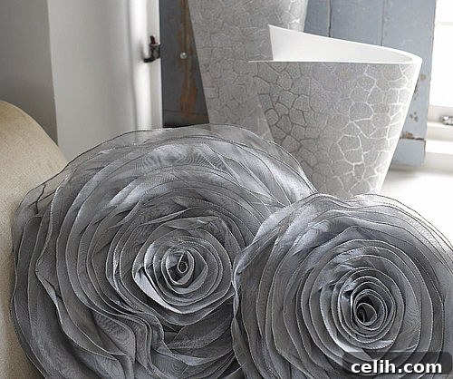 Elegant Chiffon Rose Design Cushion for Modern Interiors Exquisite Silver 3D Rose Design Chiffon Cushion