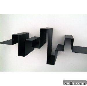 Storyline_Shelf_Detail_Contemporary_Design Close-up of Storyline Shelf's dark grey finish and design details