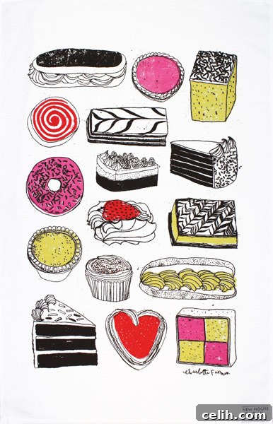A delightful collection of tea time cakes and treats on a tea towel