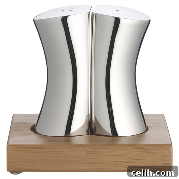 Sleek Robert Welch designer stainless steel salt and pepper set with bamboo stand