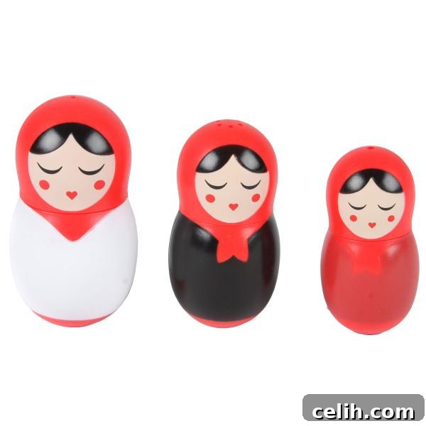 Three piece designer cruet condiment set featuring Matryoshka Russian dolls