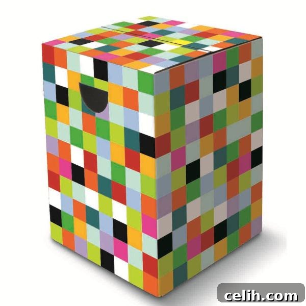 Cardboard Mosaic Stool - Eco-Friendly Design Multi-coloured mosaic pattern cardboard stool - a vibrant and artistic piece of eco-friendly furniture.