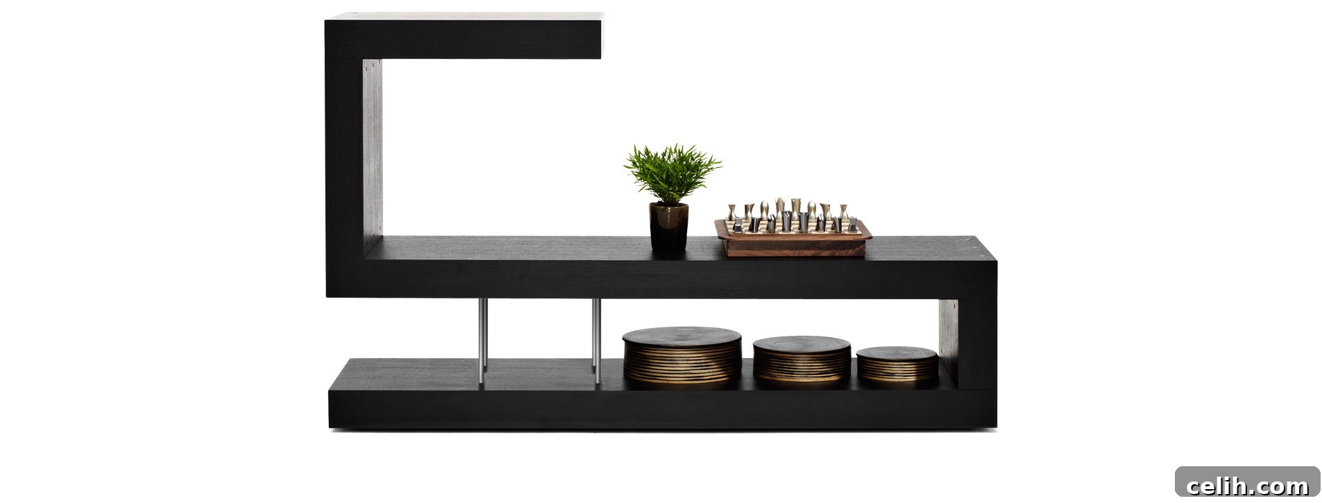 bo-concept-amari-room-divider Sleek black stained oak Bo Concept Amari modern room divider with open shelving, separating a contemporary living space while allowing light flow.