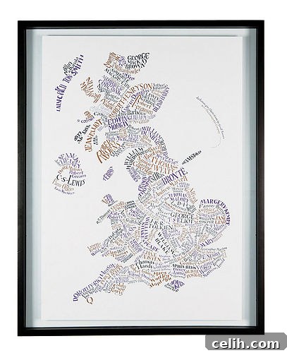 Literary Britain Map Poster: A Unique Celebration of UK Authors Literary authors poster for home wall art, featuring a hand-lettered map of Britain with famous literary figures and their geographical links.