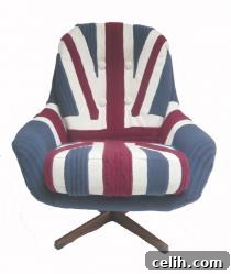 Contemporary knitted union jack chair, Edward the iconic swivel chair