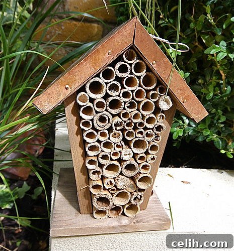 Copper-Roofed Solitary Bee House for Garden Pollinators A durable copper-roofed bee house providing essential nesting sites for solitary bees in a garden setting.