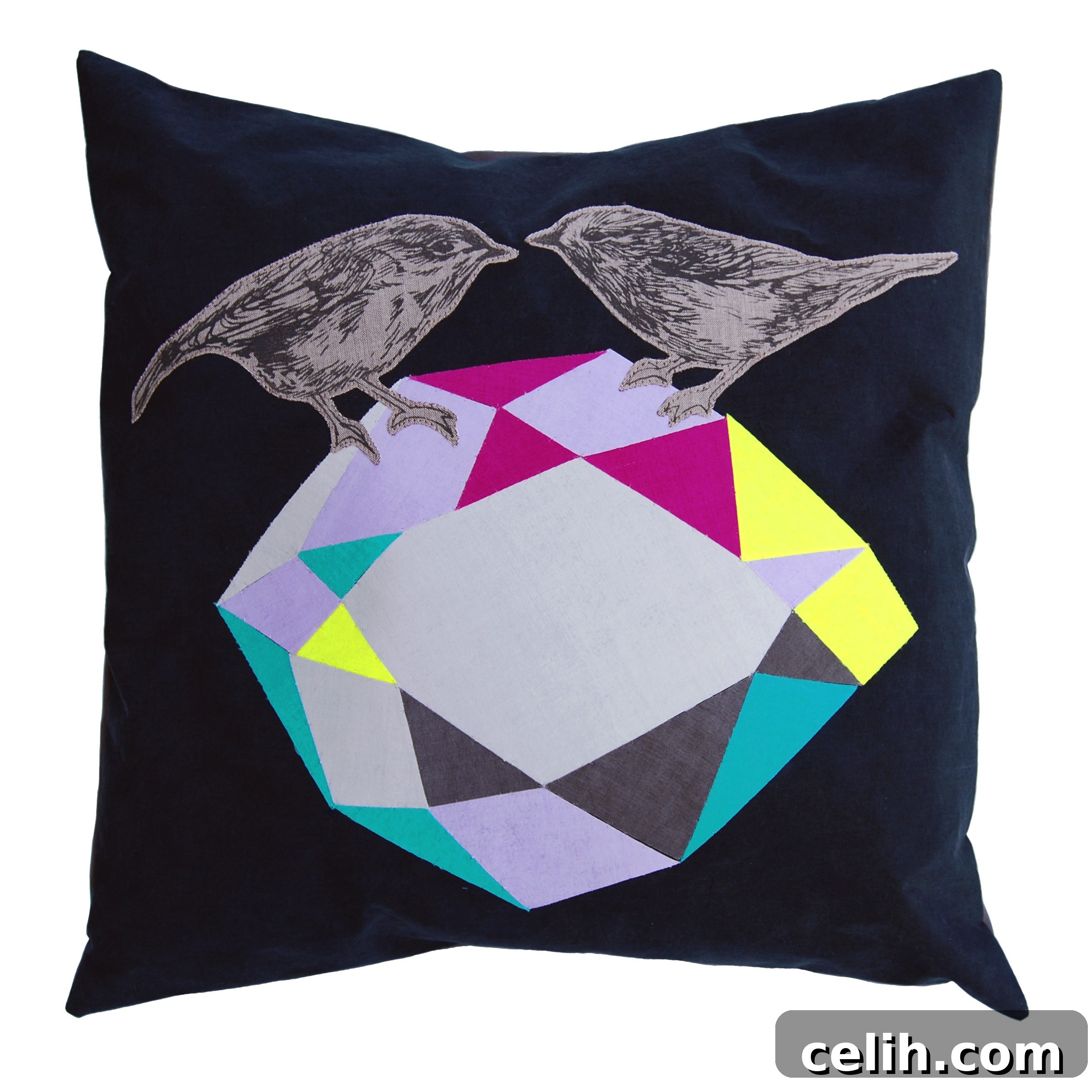 Gather Cushion - Modern Art Bird The Gather Cushion by Katie & The Wolf, a contemporary bird design featuring monotone colours against a black background with bright contrasting elements below.
