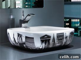 Designer modern cityscape New York sink basin featuring skyscrapers