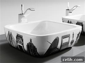 Roca designer contemporary bathroom sink with Shanghai city outline
