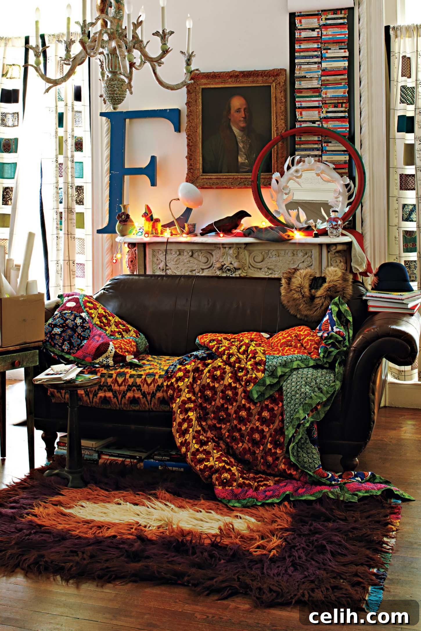 anthropologie-swatch-book-curtains Living room interior design featuring unique Swatch Book curtains from Anthropologie
