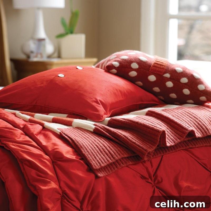 Luxurious red silk quilt and cushion for bedroom styling