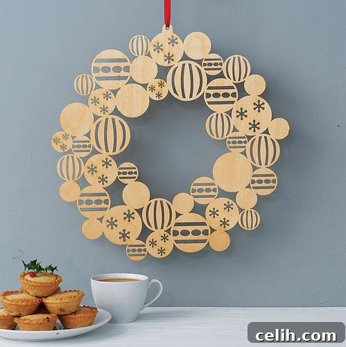 Modern Wooden Bauble Christmas Wreath Exquisite modern wooden Christmas wreath featuring a contemporary bauble design, perfect for unique holiday decor and sustainable styling.