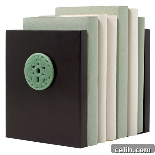 Elegant Black Lacquer Oriental Bookends with Jade Medallion