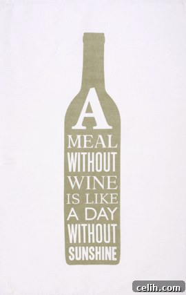 Tea towel with a witty slogan about wine and meals