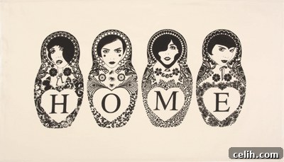Modern black and white Russian doll tea towel with a horizontal design