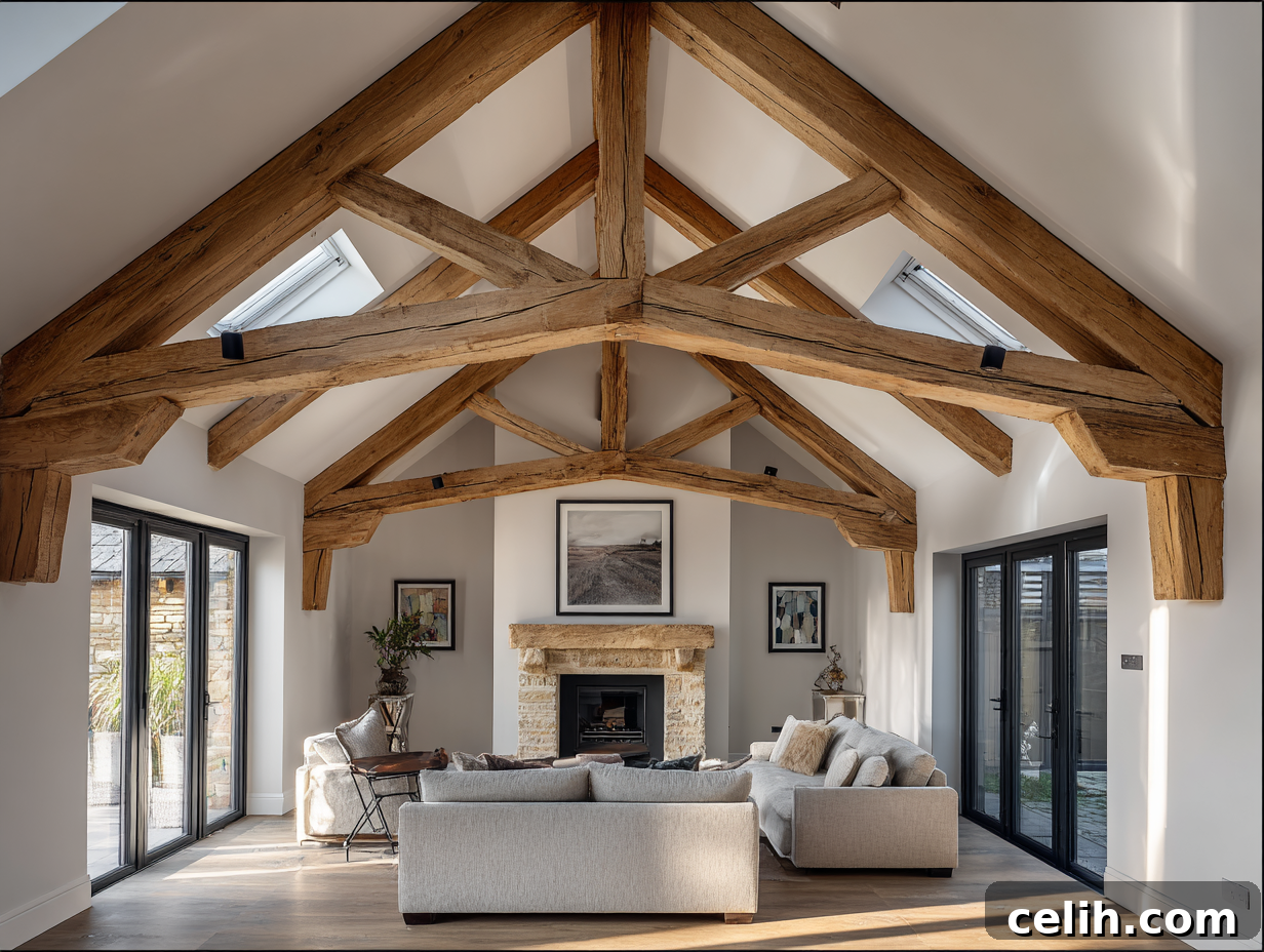 Modern living room with exposed oak beams and high ceilings