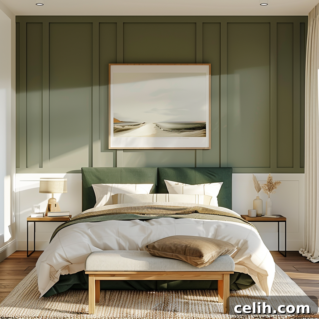 The Anatomy of a Sleep Inducing Bedroom 2 A modern and serene bedroom with a plush bed against a dark green paneled accent wall, optimized for sleep.