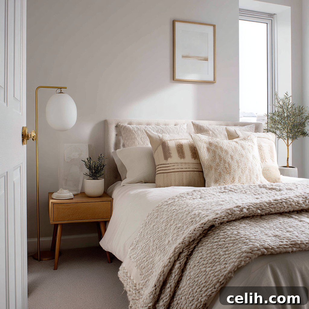 The Anatomy of a Sleep Inducing Bedroom 3 A cozy Scandinavian-style bedroom with layered textures and soft, ambient lighting creating a calm atmosphere.