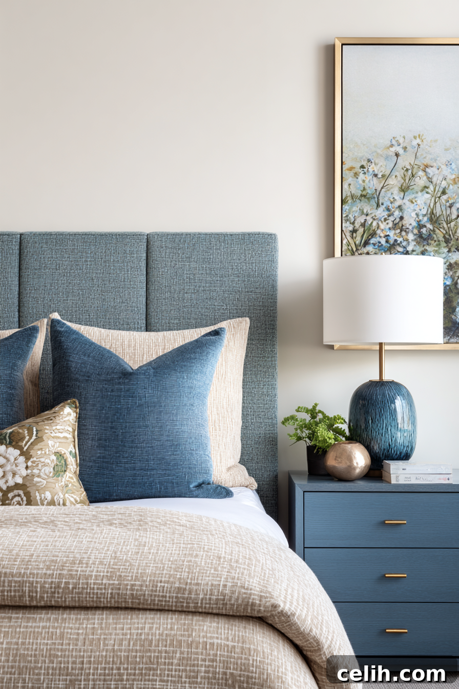 The Anatomy of a Sleep Inducing Bedroom 7 A calm and peaceful bedroom with blue walls and thoughtfully arranged furniture to promote restful sleep.