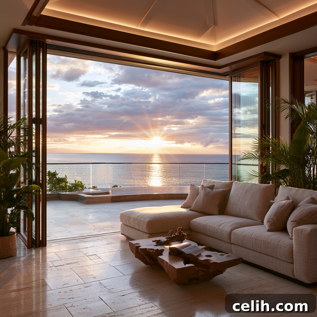 Luxury living room seating with views straight out to the ocean