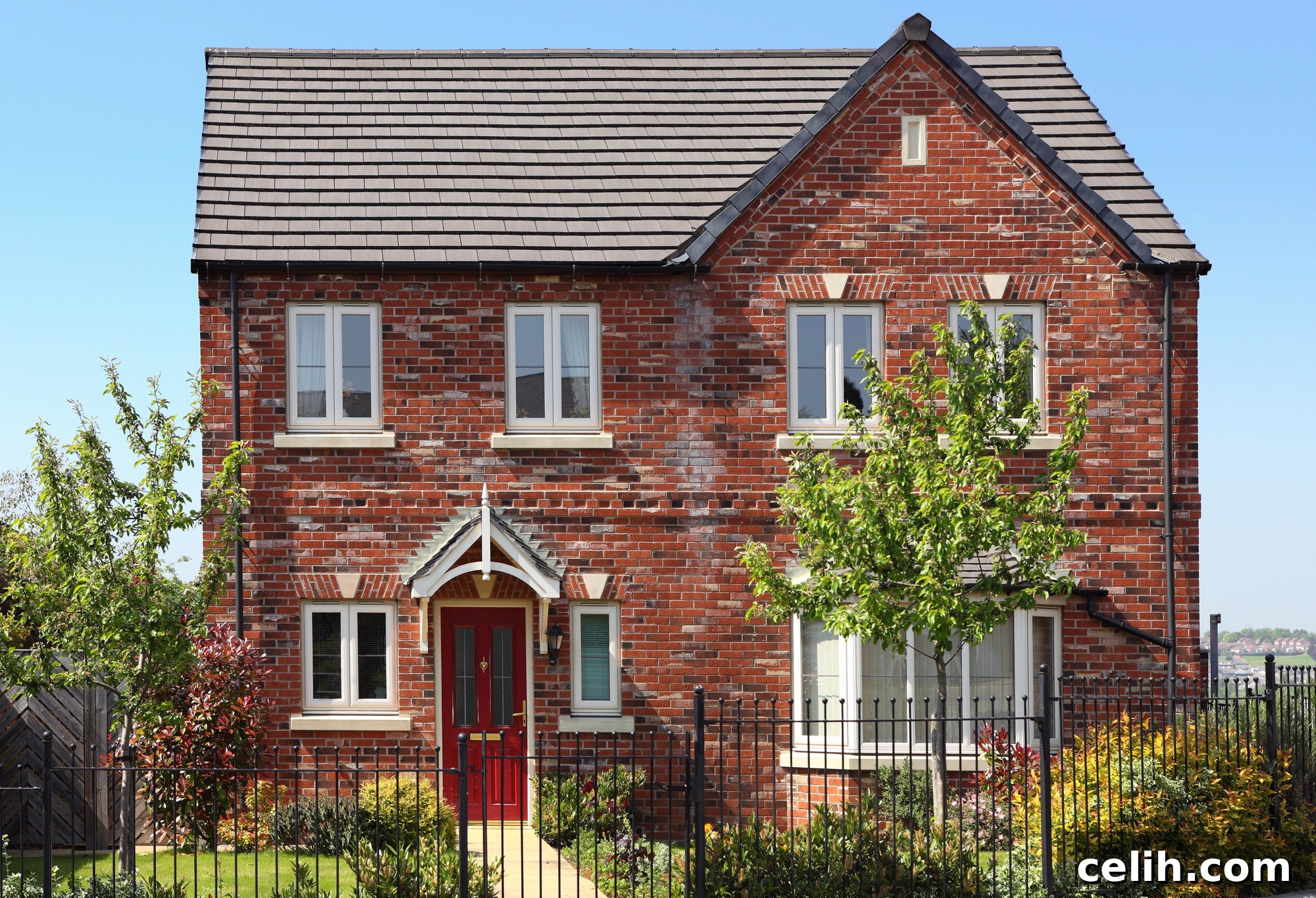 Red brick detached house with red front door
