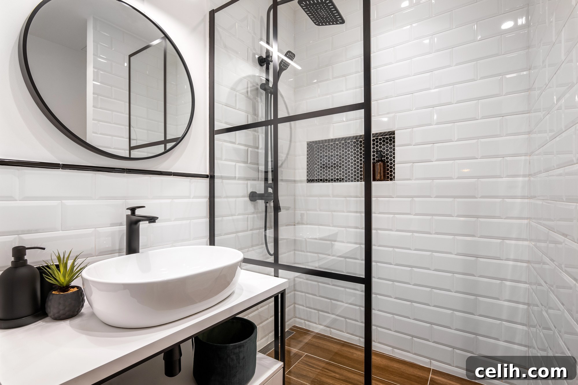Black and white monotone bathroom with tiled walls